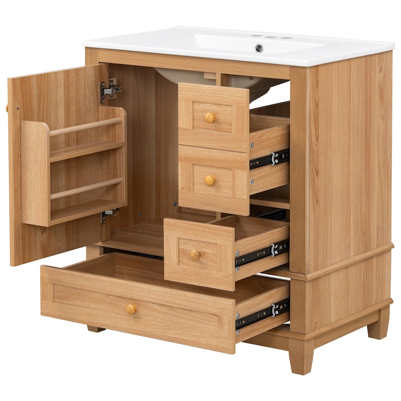 30" Bath Vanity with Sink - 3 Drawers, Door Shelf & Soft-Close Mechanism