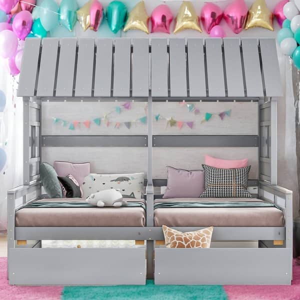 slide 2 of 13, Modern 2 Side by Side Twin Size House Platform Beds with Two Drawers for Bedroom Grey