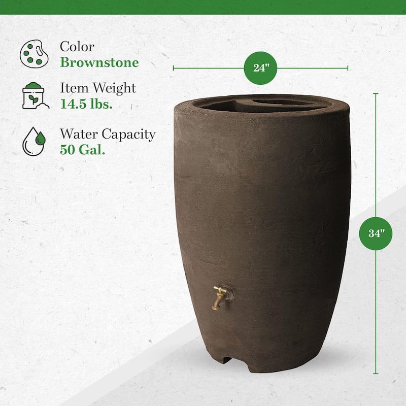 Algreen Athena 50 Gallon Plastic Rain Water Collection Drum Barrel, Brownstone - 14.5