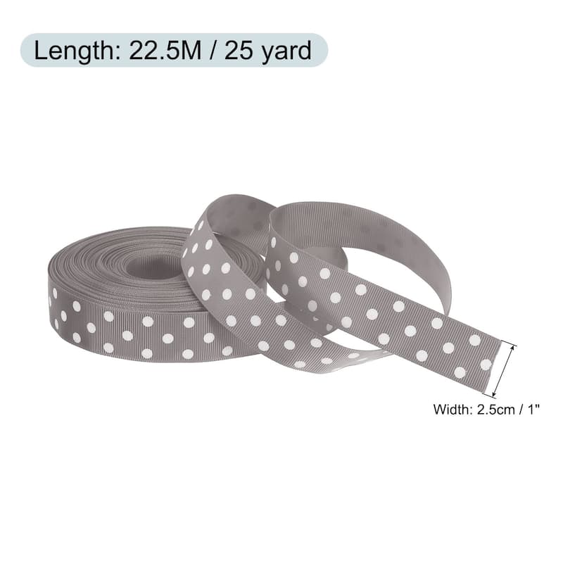 Grosgrain Ribbons 25 Yards 1 Inch w White Dots Ribbon Bow Decoration - Grey
