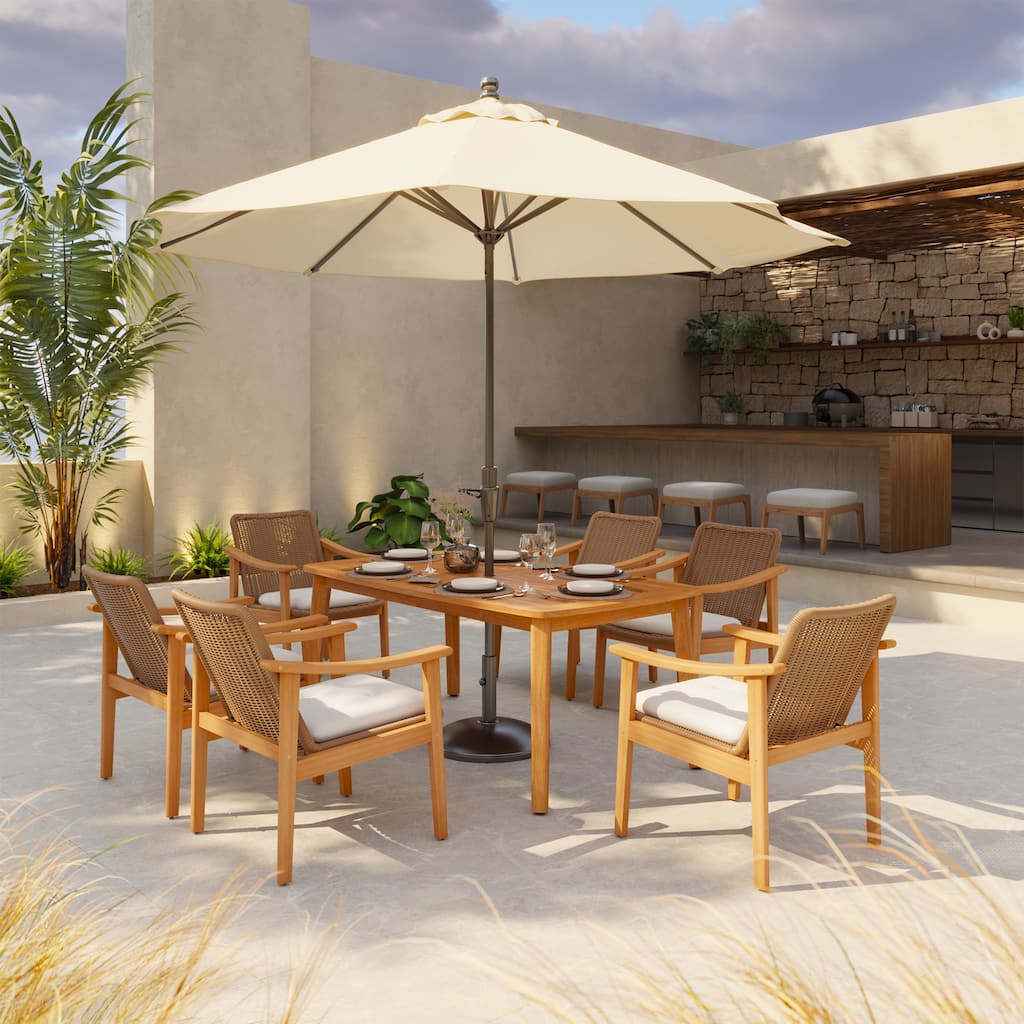 Outdoor Acacia Wood Dining Set with PE Wicker Rattan Dining Chairs And Table with Umbrella Hole 7-Piece Weather-resistant Set