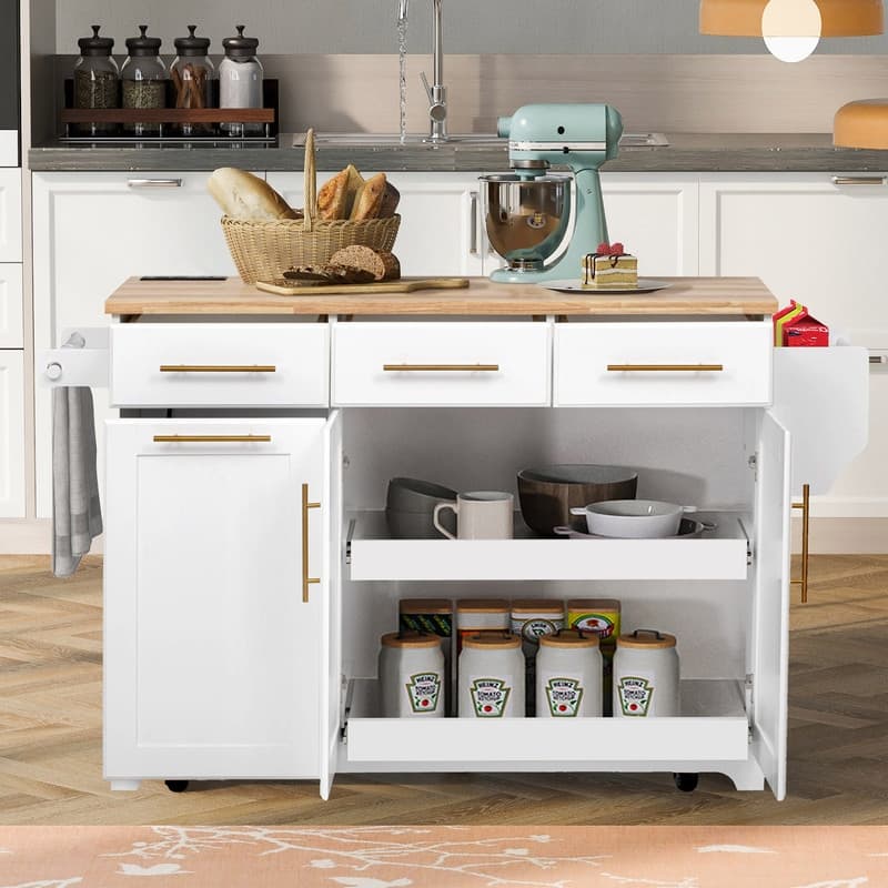 59.3" Rolling Kitchen Island with Storage and Pull-Out Organizers Rubber Wood Drop Leaf Rolling Design for Versatile Use