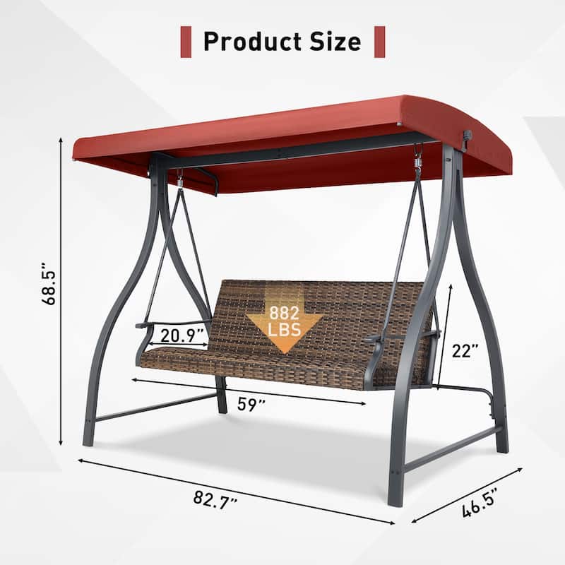 Aoodor 3-Seat Outdoor Rattan Patio Swing with Adjustable Canopy - Stylish Comfort for Your Porch, Garden, and Yard