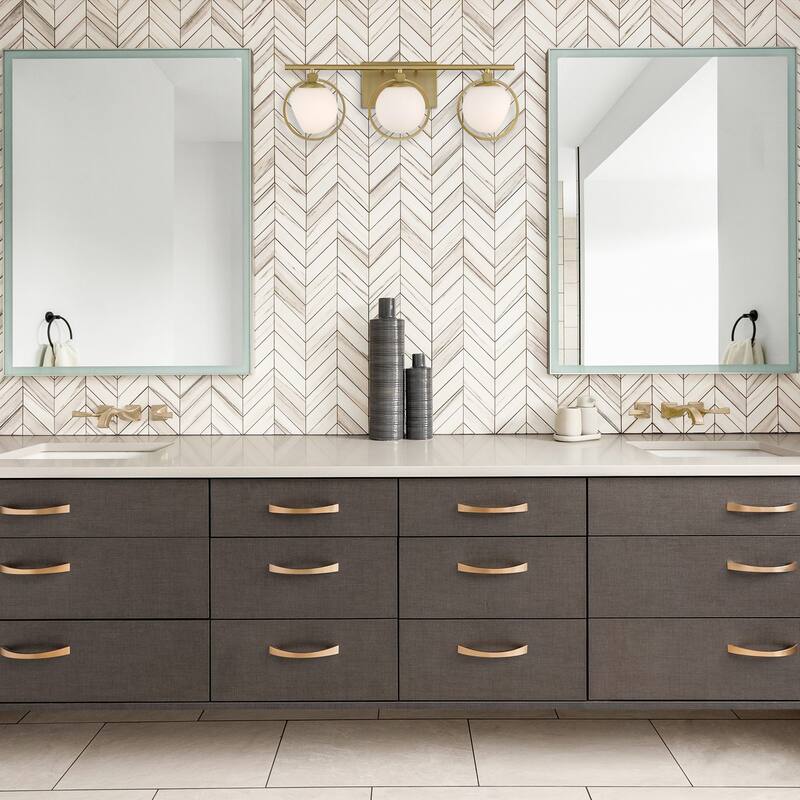 Teatro 23.75 in. 3-Light Brushed Gold Modern Vanity Light with Etched Opal Glass Shades