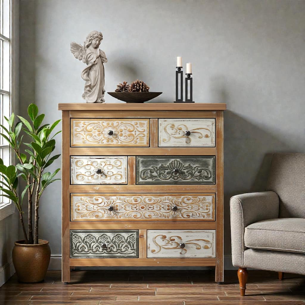 Vintage Wooden Accent Chest with 6 Drawers, Rustic Multicolor Carved Dresser for Bedroom, Living Room and Farmhouse Decor