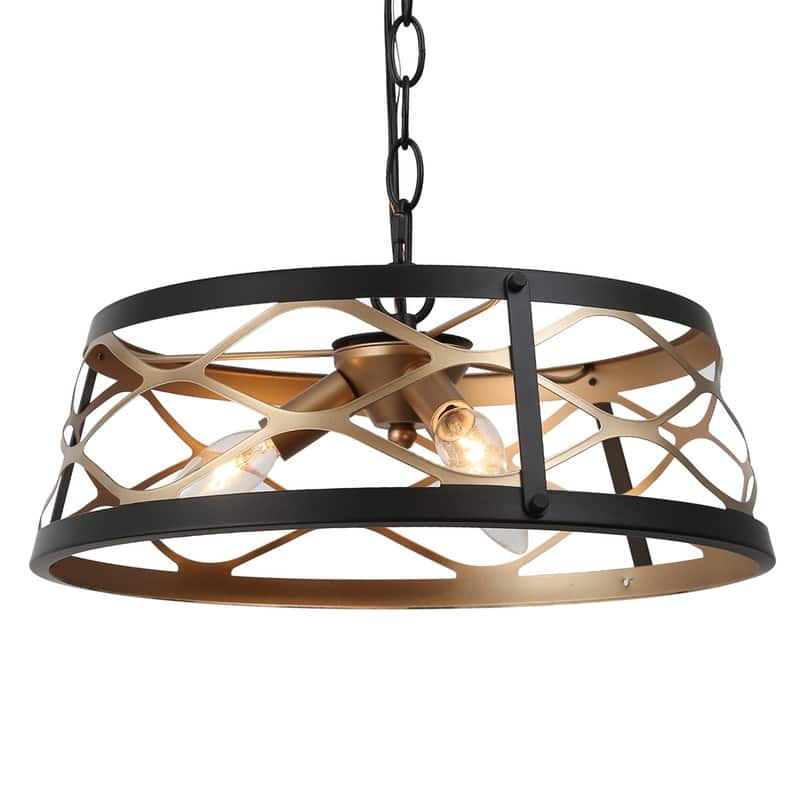 Modern Farmhouse Drum Geometric Chandelier Black Gold Semi-Flush Mount Foyer Ceiling Light - D15.5"x H7"