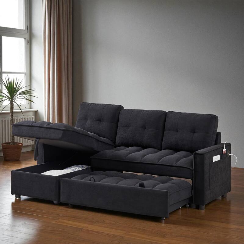 78.75" Chenille Reclining Sectional Sofa with Pull-Out Bed USB Type-C Ports Storage Chaise Modular Convertible Couch