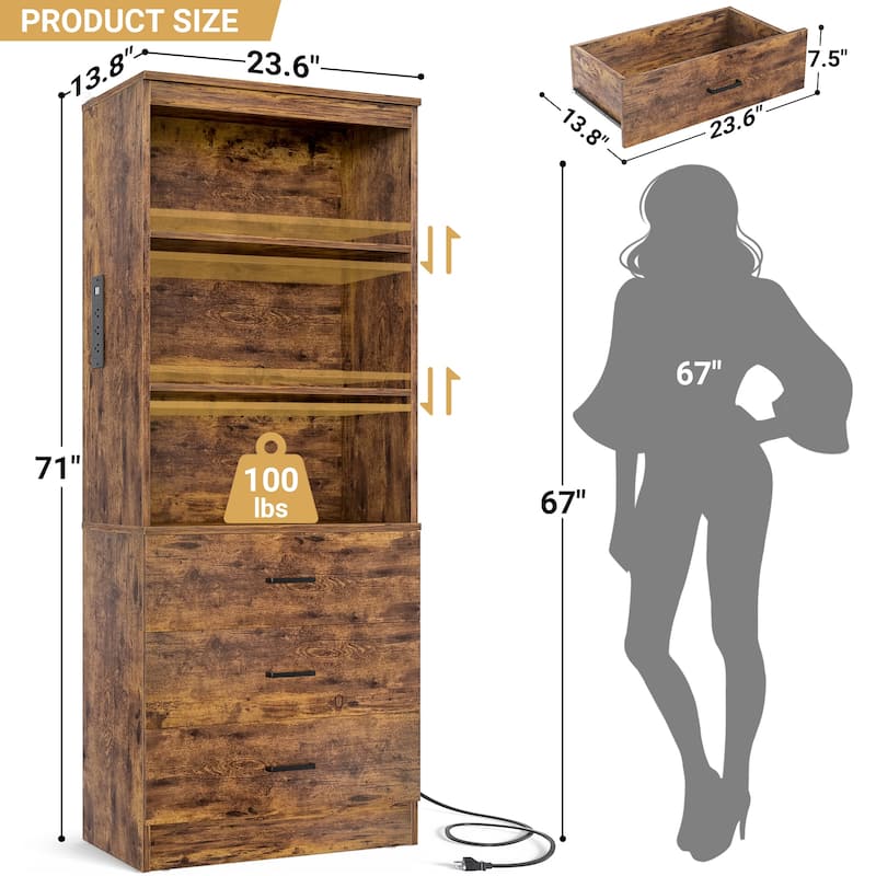 6-Tier 23.6'' Display Cabinet with Charging Station and Drawers, Bookcase Storage Shelf Kitchen Pantry