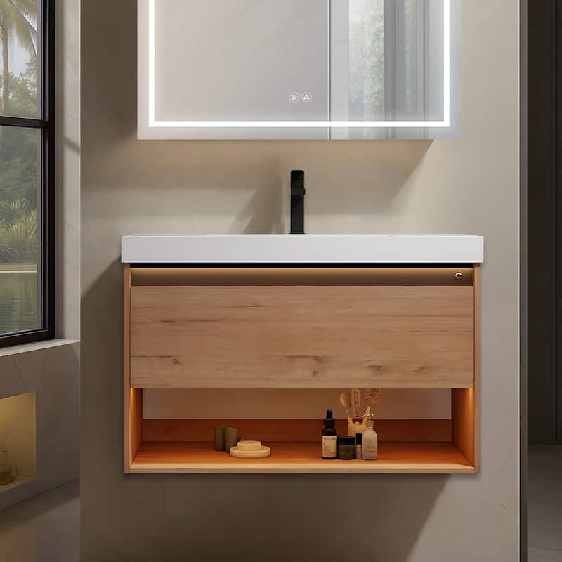 Blossom Bergen Wall Mounted Floating Bathroom Vanity with Sink - Oak - 30" Acrylic Sink