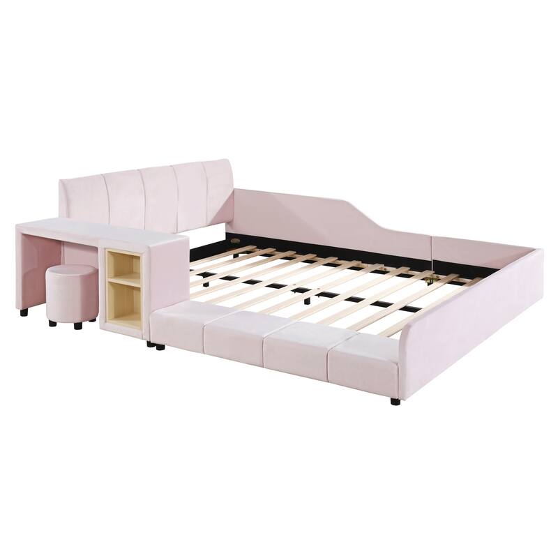 Queen Size Velvet Upholstered Platform Bed with Bedside Desk and Stool, Pink