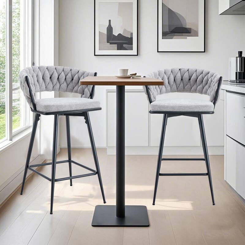 Set of 2 swivel bar stools with breathable cotton and linen soft cushions, electroplated metal frames without rust