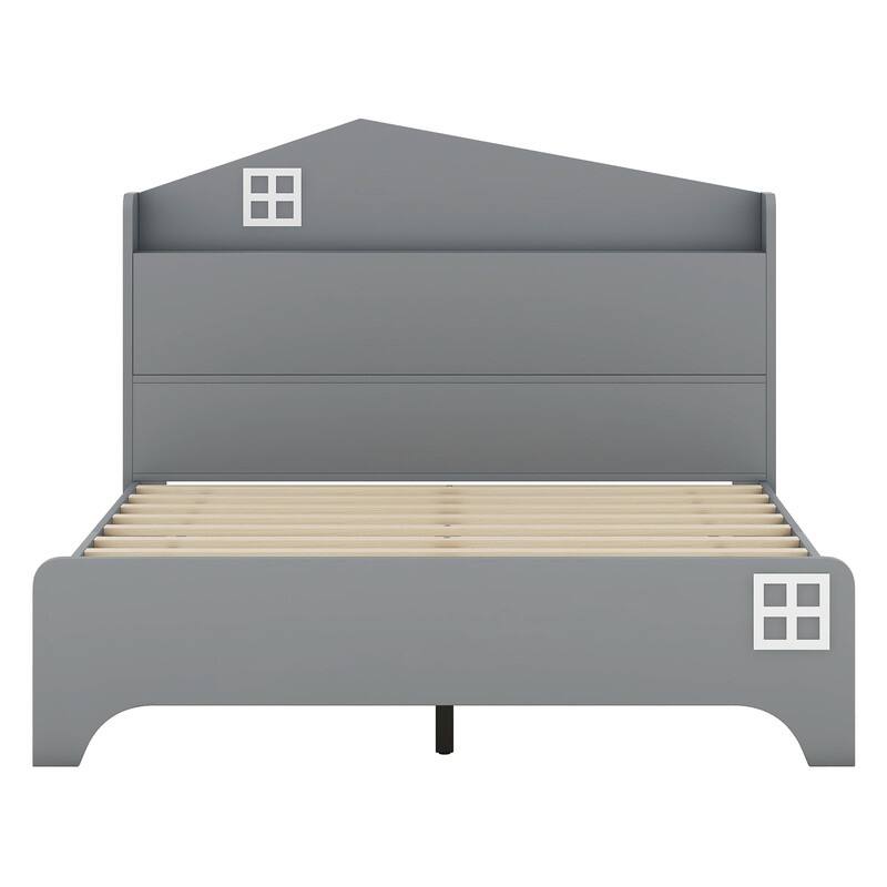 Grey Wood Full Size Platform Bed w/Storage Headboard ,Kids Bed with