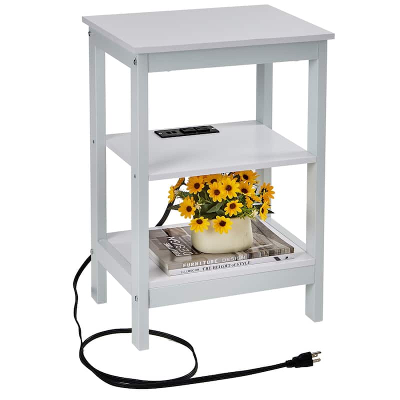 Javlergo 3 Tier Open Shelf Nightstand with Charging Station 2 AC Outlets 2 USB Ports Multipurpose Table for Bedroom Living Room