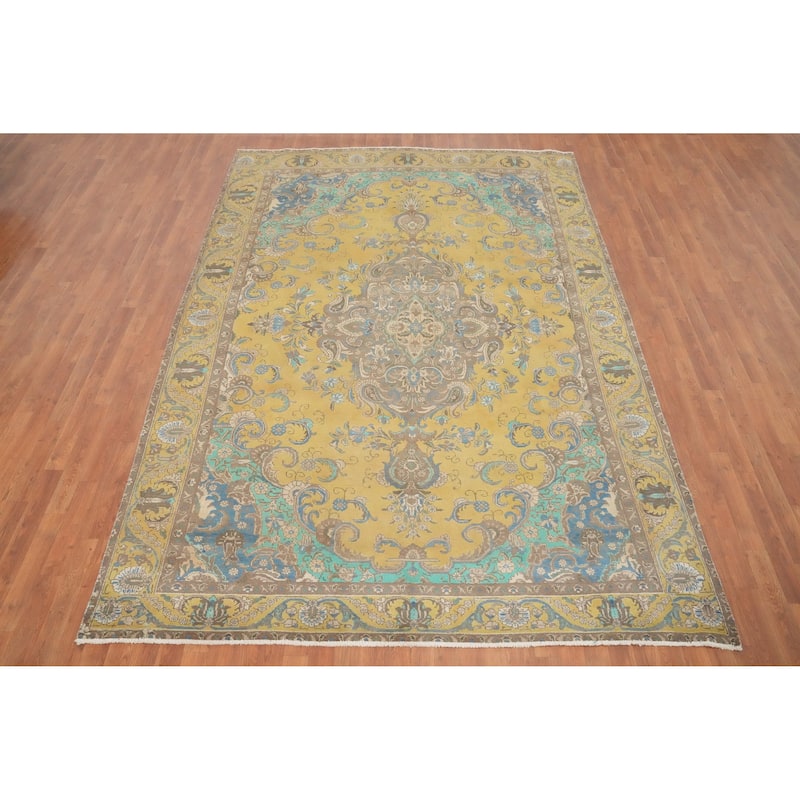 Hand Knotted Oriental 100% Wool Carpet Traditional Floral Yellow & Gold Tabriz Area Rug - 10' 11'' X 7' 6''