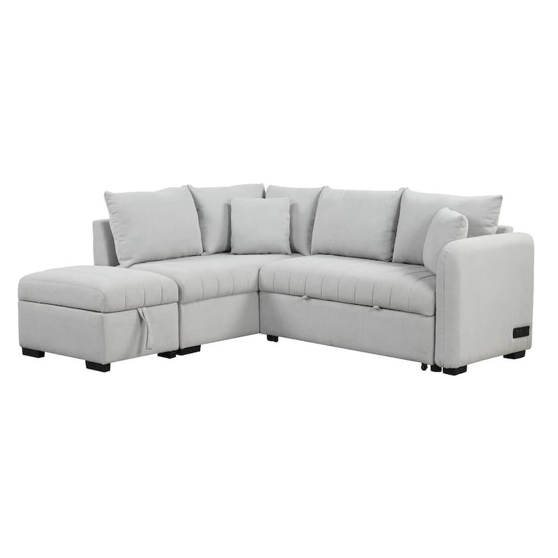 82.6" L-Shaped 5 Seater Sectional Sleeper Sofa with Pull-Out Bed, Storage Ottoman, USB Ports, and Power Sockets