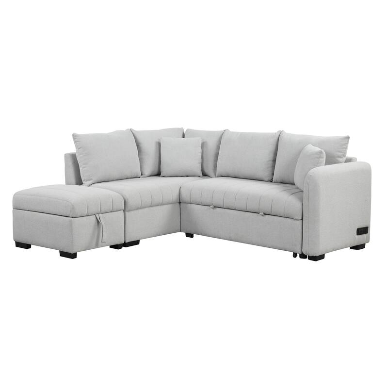 L-Shaped Sectional Sofa with Pull Out Sofa Bed & Storage Ottoman, Convertible Sleeper Sofa with USB Ports & Power Sockets