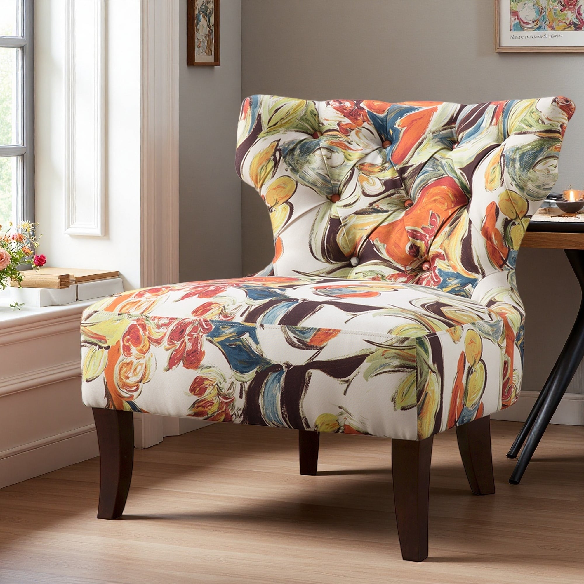 31"H Tufted Fabric Accent Chair with Solid Wood Legs & Printed Upholstery
