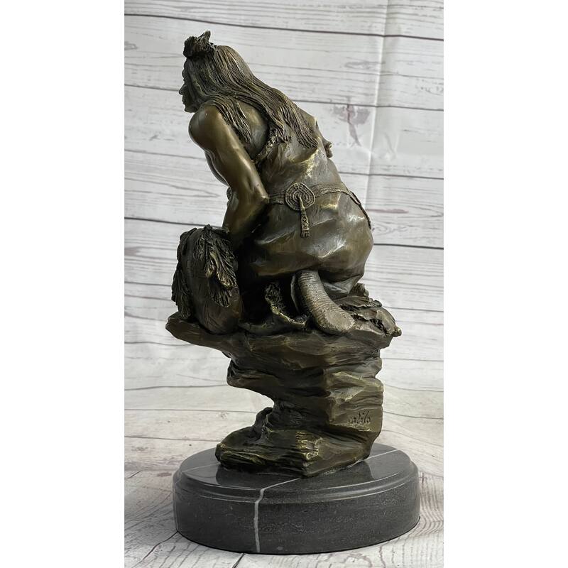 Native American Indian Warrior Squatting On Rock Bronze Sculpture Statue Marble Base