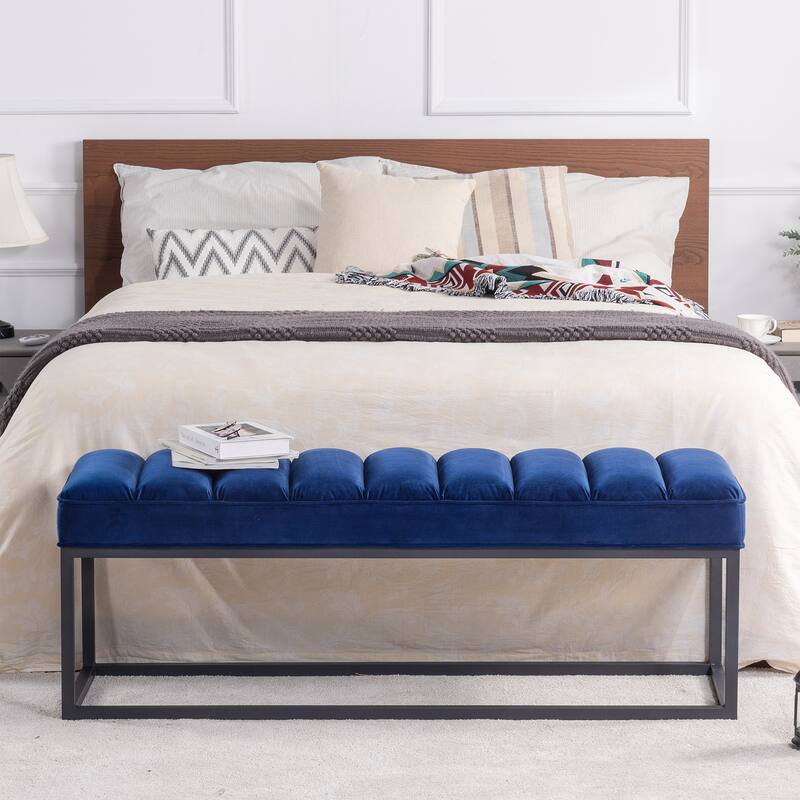 Modern Metal Base Upholstered Bench for Bedroom for Entryway - Navy Blue