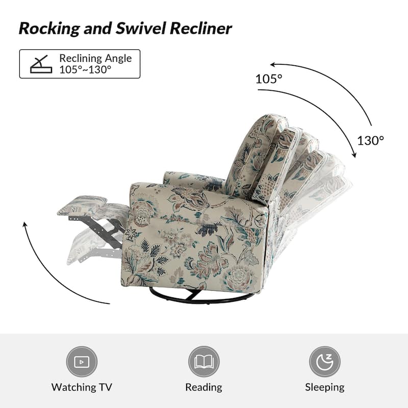 Roderich Farmhouse Floral Print Swivel Rocker Recliner with Rolled Arms by HULALA HOME
