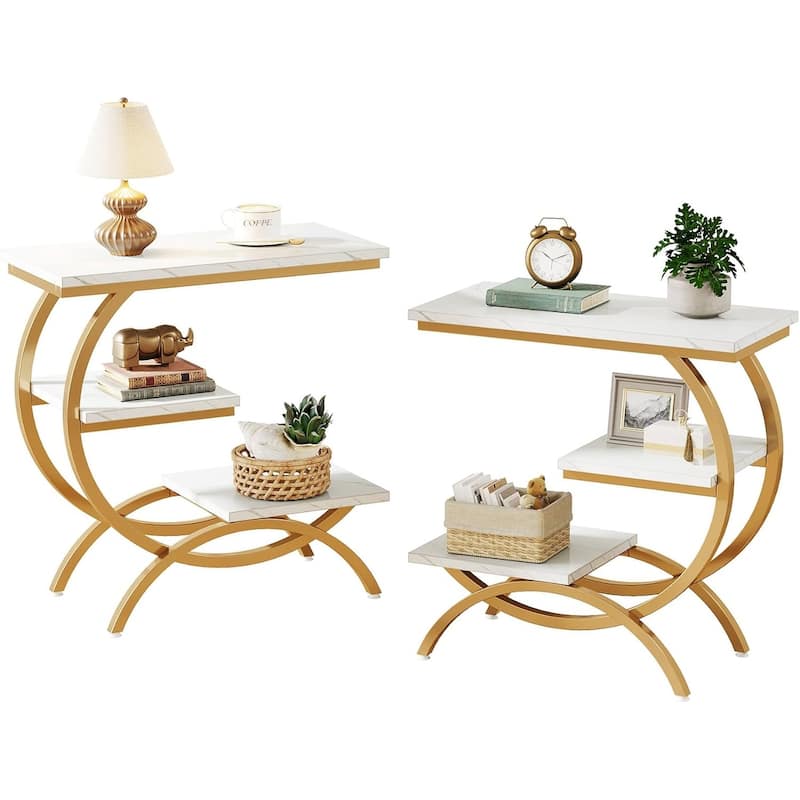 C-Shaped End Table, 3-Tier Small Side Table - 2 PCS - White & Gold