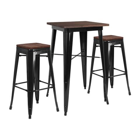 Offex 23.5" Square Black Metal Bar Table Set with Wood Top and 2 Backless Stools
