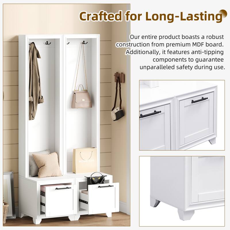 Elegant Free Standing Hall Tree Set of 2 with Storage Bench and Drawers, White - 31.4" W × 15.7" D × 70.8" H