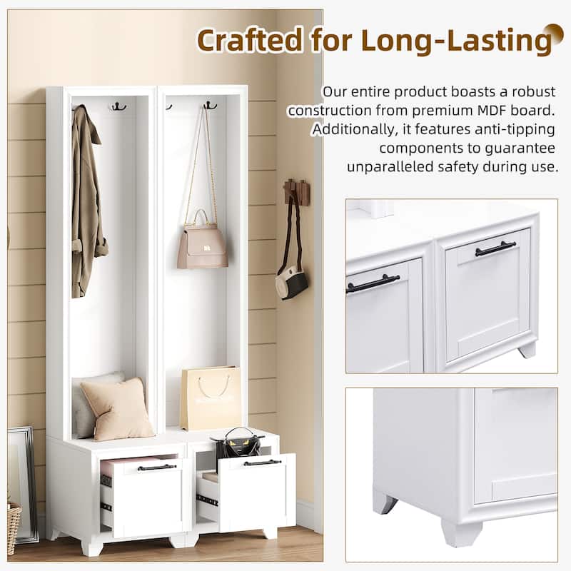 Roomfitters Elegant Hall Tree Set of 2, 3-in-1 Free Standing Entryway Coat Rack with Seating Bench and Hidden Storage
