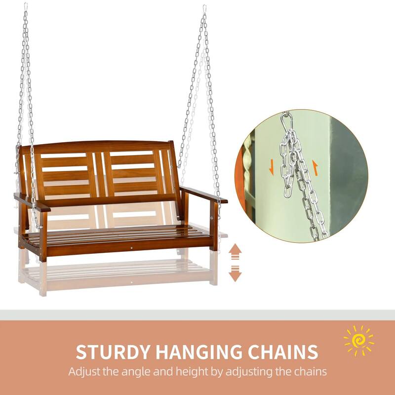 2-Seat Hanging Porch Swing, Slatted Design, Chains, 440 lbs Capacity