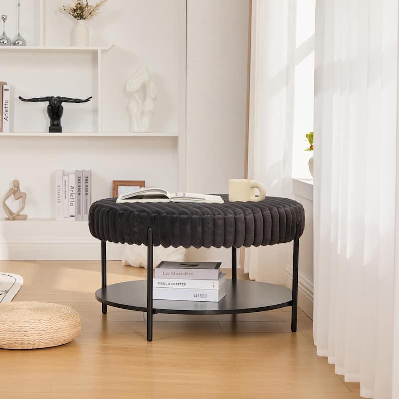 30.9"Wide Upholstered Round Ottoman Coffee Table Foot Rest With,Footstool With Wooden Open Storage Shelf,Faux Fur Footstool
