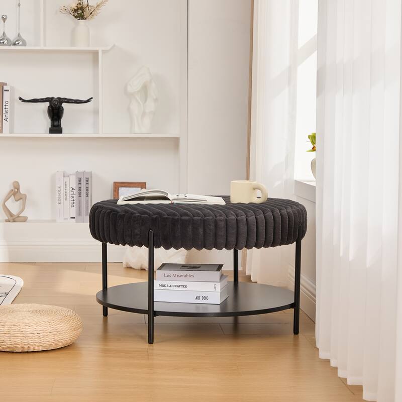 Modern Round Coffee Table with Open Storage Shelf with Black Metal Legs, for Living Room Bedroom Entryway
