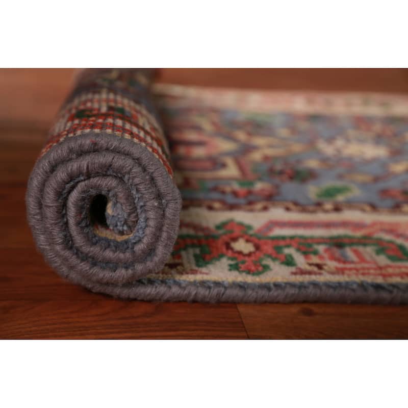 Hand Knotted Oriental 100% Wool Carpet Traditional Geometric Navy Blue & Blues Heriz (serapi) Runner Rug - 8' 1'' X 2' 6''