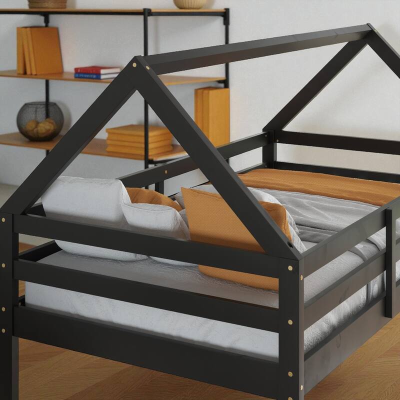 Twin Over Twin Floor Bunk Bed with House Roof Design, Rubber Wood Frame, Ladder and Guardrails for Kids Bedroom