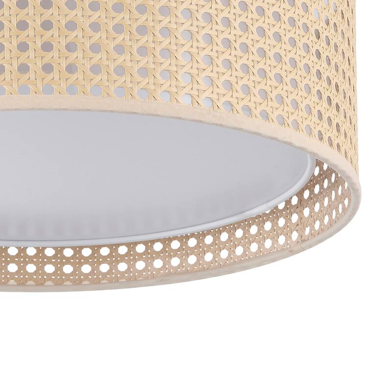 WINGBO Modern 3-Light Flush Mount Ceiling Light Fixture with Rattan & Fabric Double Drum Shade