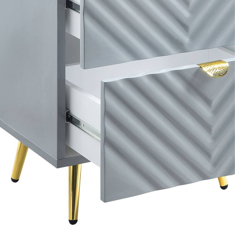 Gray High Gloss Finish Nightstand with 2 Storage Drawers and Metal Legs