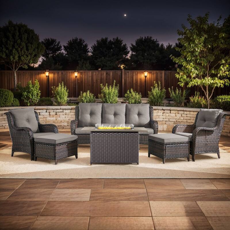 Gymojoy 6-Piece Outdoor Furniture Sofa Set with 2 Patio Chairs, 2 Ottomans & 55K BTU Fire Pit Table - Brown Wicker / Grey Cusion - 6-Piece