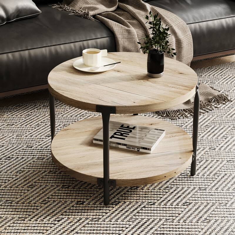 Modern Minimalist Style Round Bohemian Coffee Table Wooden 2 Layer Coffee Table with Large Storage Space, for Living Room
