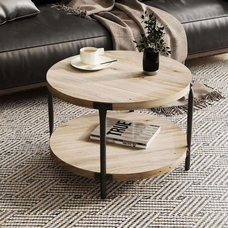 Modern minimalist round coffee table, 29.61-inch MDF material double-layer coffee table, open storage and easy assembly