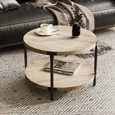 Wooden Round Dining Table with Double Layers, Coffee Table Side Table with Metal Legs for Dining Room