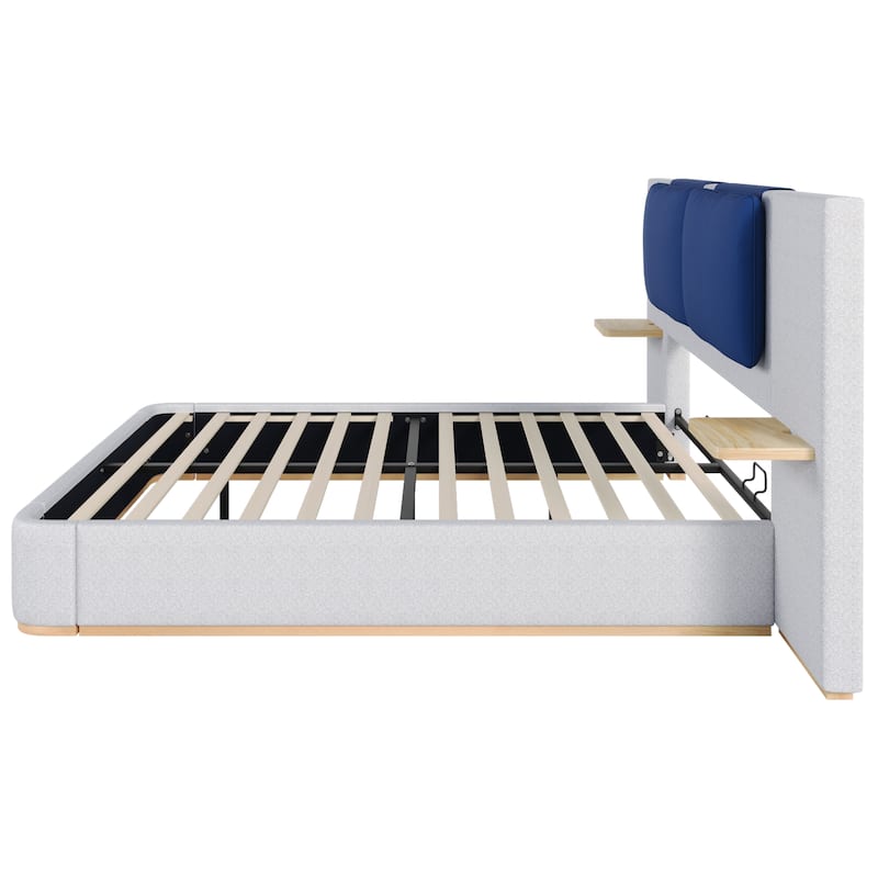 Roomfitters Queen Size Upholstered Platform Bed Frame, Modern Panel Headboard with Rounded Corners, Solid Wood Slats