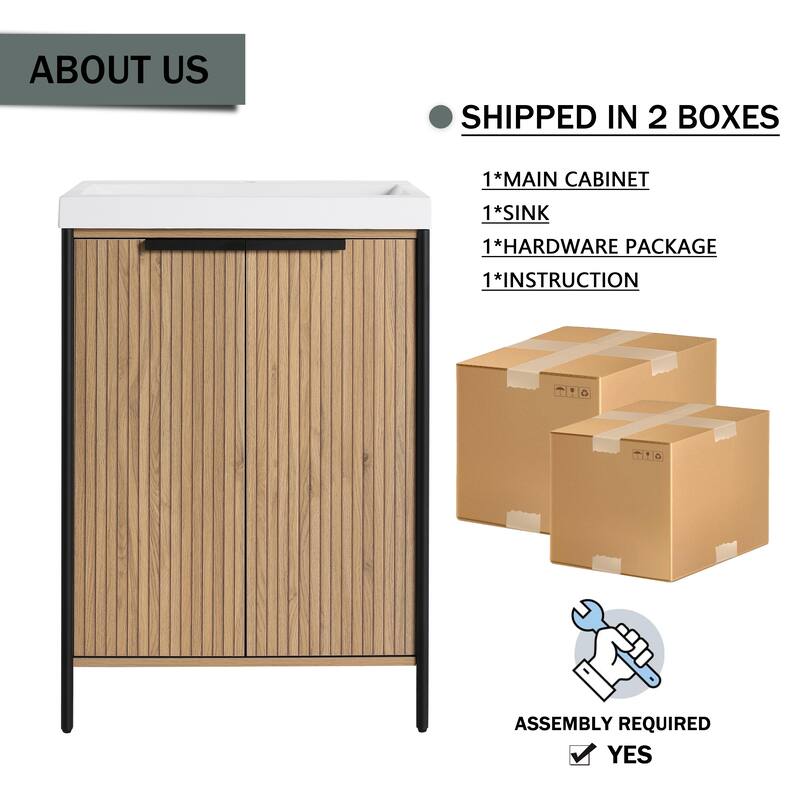 24" Freestanding Bathroom Vanity with Resin Sink & 2 Soft-Close Cabinet Doors (KD-Packing)