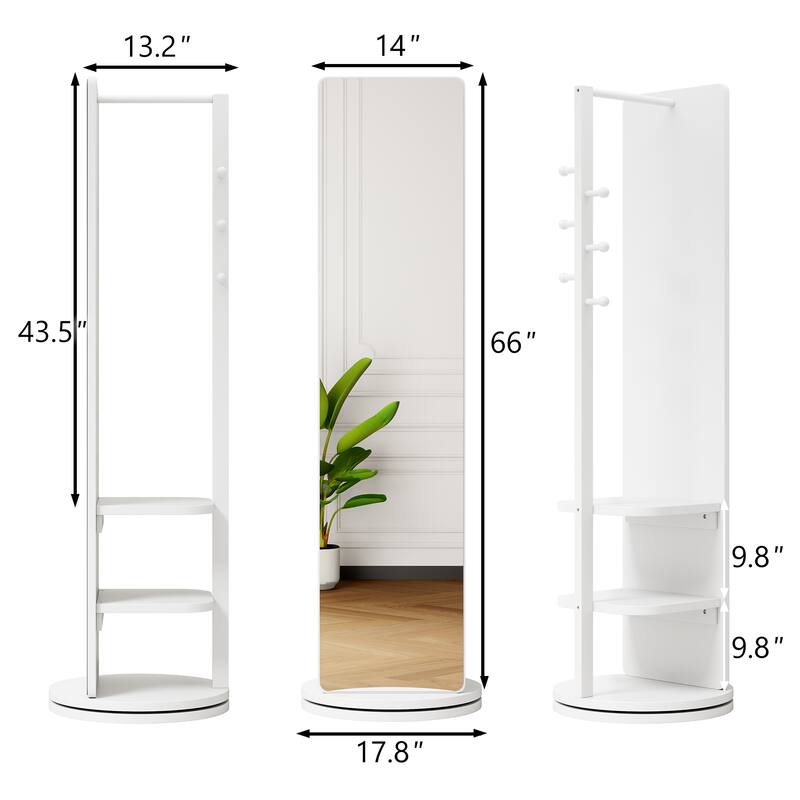 360° Rotating 66"x14" Multifunctional Full Length Mirror with Hook Storage Rack Coat Rack with Mirror Solid Wood Floor Mirror