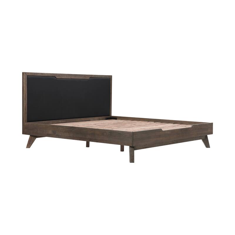 King Size Platform Bed Frame Oak Wood & Faux Leather Headboard Modern Bed