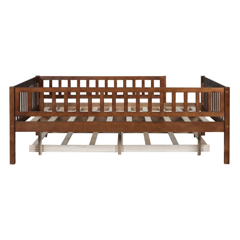 Full Size Wood Daybed with Trundle and Fence Guardrails in Walnut Finish