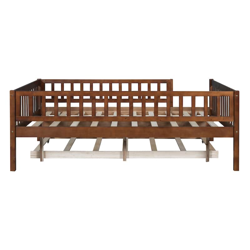 Wooden Twin/Full Daybed with Trundle and Fence Guardrails, No Box Spring Needed