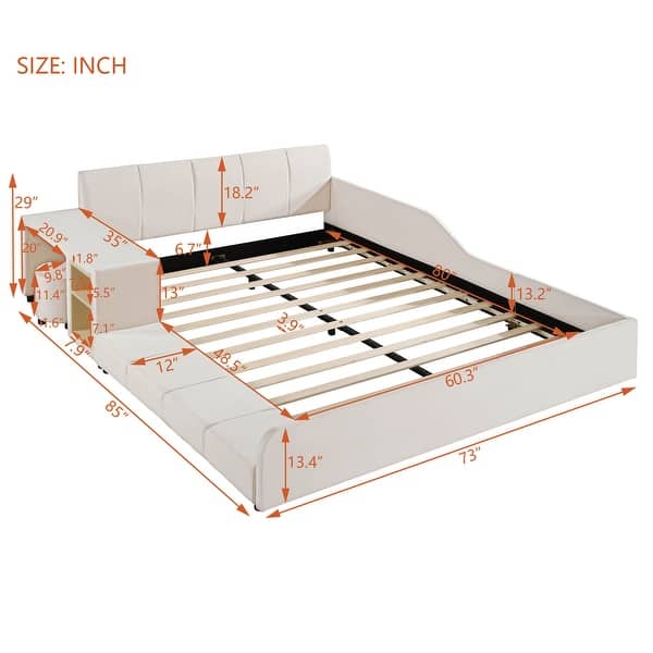 Queen Size Upholstered Mother & Child Platform Bed w/ Bedside Desk & Little Round Stool
