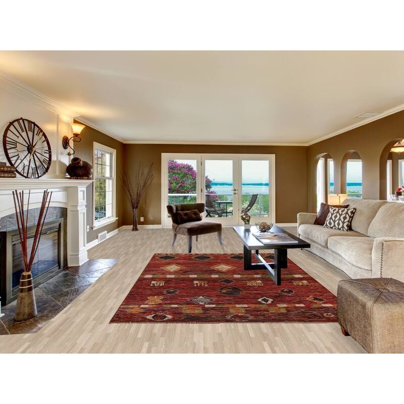 Hand Knotted Oriental 100% Wool Carpet Modern Tribal Red Moroccan Area Rug - 9' 11'' X 6' 9''