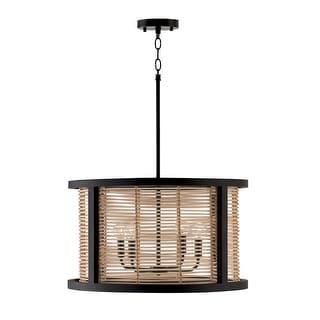 Rico 4-light Flat Black Pendant w/ Mango Wood & Rattan