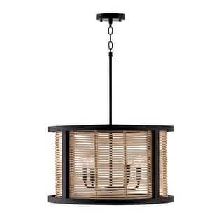 Rico 4-light Flat Black Pendant w/ Mango Wood & Rattan