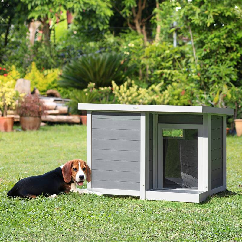 PawHut Outdoor Dog Kennel House with Porch and Hinged Roof, Medium Size, Gray